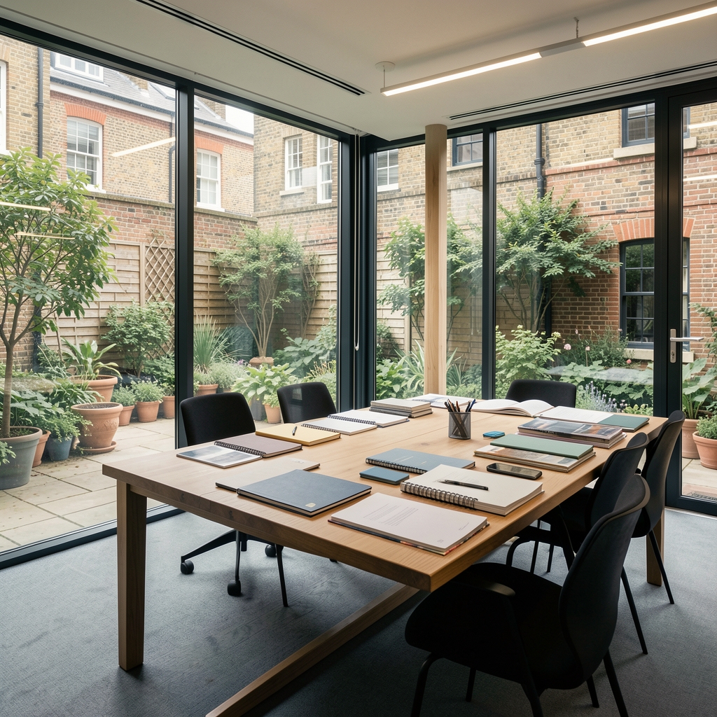 Wide-angle view of a London editorial office with floor-to-ceiling windows overlooking a garden courtyard, a long wooden table with scattered notebooks and reference materials