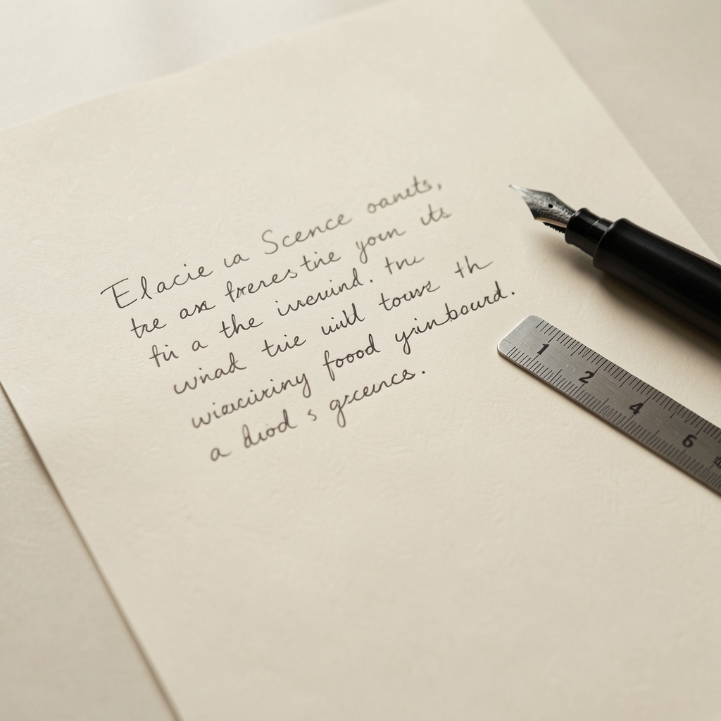 Close-up of handwritten editorial notes on cream paper with a black pen, a small ruler, and the margin notation of a food science article visible in soft natural light