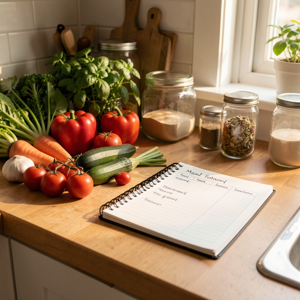 Well-organised kitchen counter with fresh vegetables, glass containers and a handwritten meal planner notebook in warm morning light