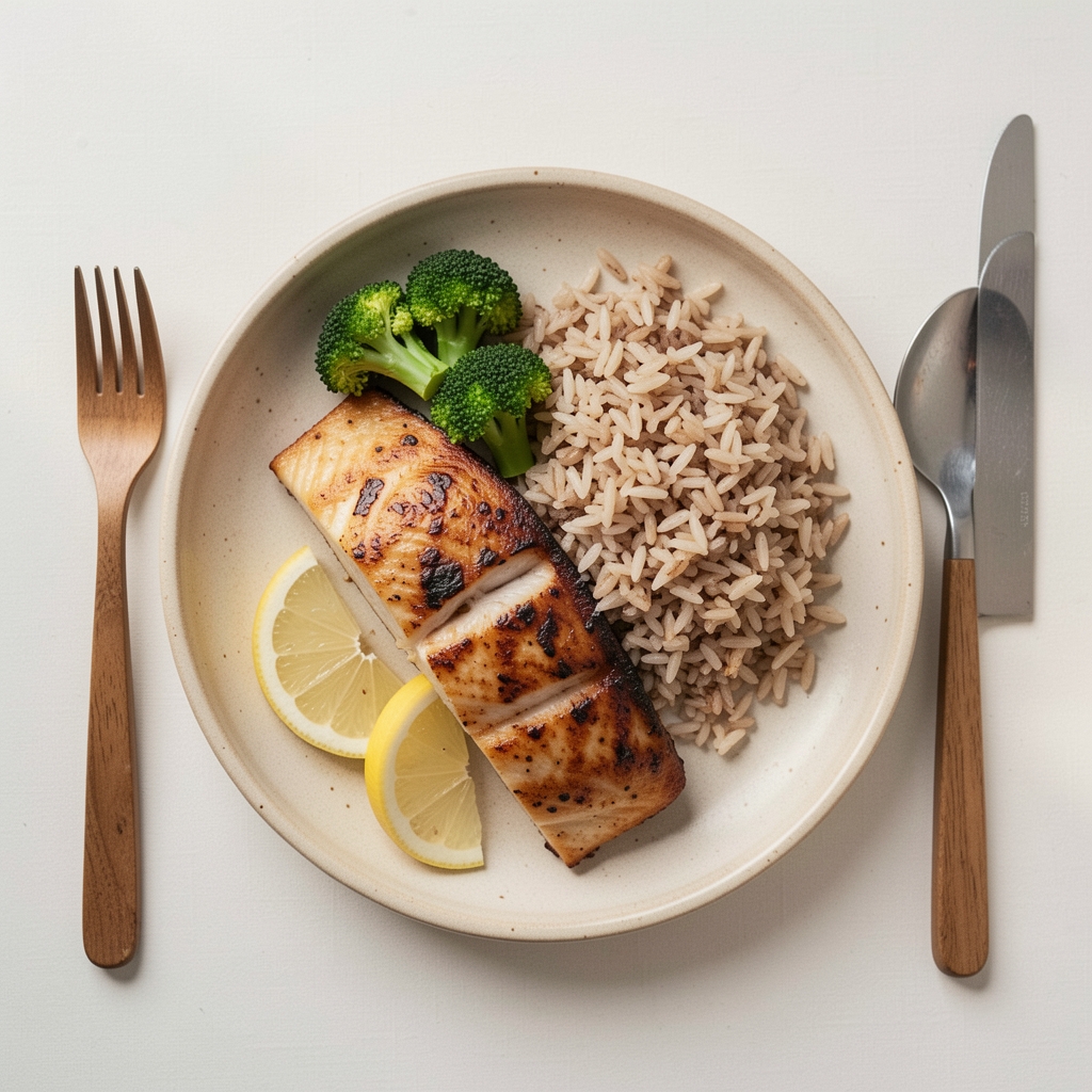 Overhead view of a balanced lunch plate with grilled fish, steamed broccoli, brown rice and sliced lemon on a ceramic plate with wooden cutlery